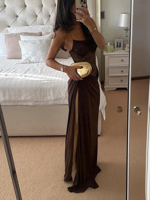 Aurohaya Sexy and Delicate Off-the-Shoulder Lace Panel Maxi Dress