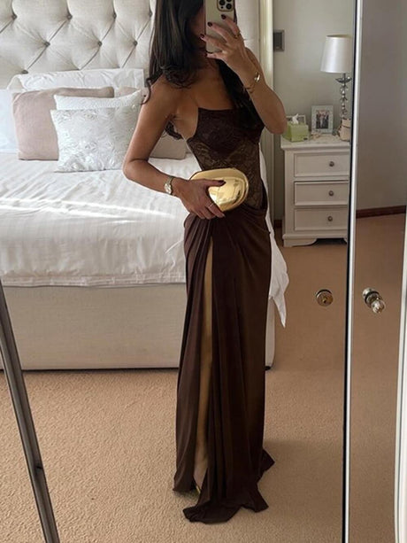 Aurohaya Sexy and Delicate Off-the-Shoulder Lace Panel Maxi Dress