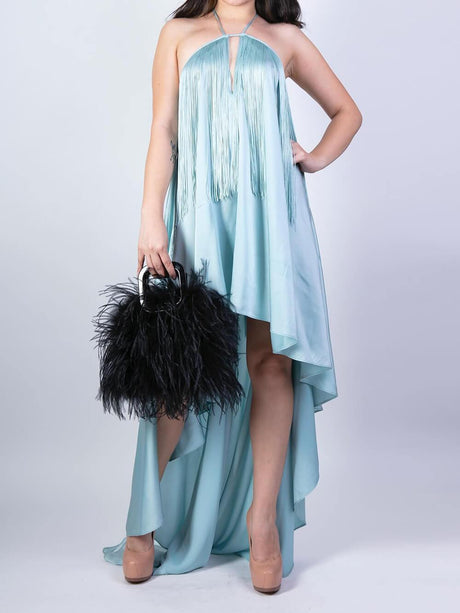 Aurohaya Elegant Unique Tassel Trim Cross-Back Satin Asymmetric Maxi Dress