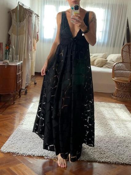 Aurohaya Elegant V-neck Hollow Lace Embroidery A-line Maxi Dress