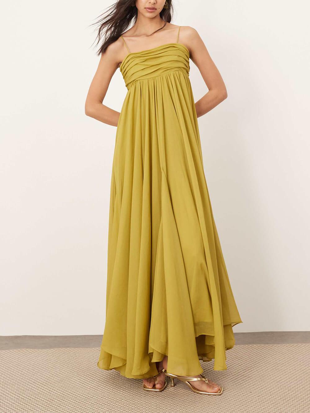Aurohaya Elegant Off-Shoulder A-Line Maxi Slip Maxi Dress Chartreuse