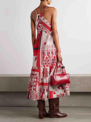 Aurohaya Casual Ethnic Bohemian Print Suspender Maxi Dress