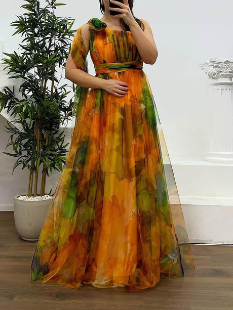 Aurohaya Elegant Printed One-Shoulder Chiffon Plus Size Tulle Evening Dress