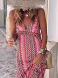 Bohemian Print V-Neck Spaghetti Strap Slit Maxi Dress