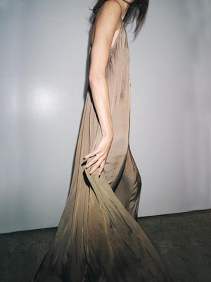 Aurohaya Elegant Pleated V-Neck Halter Maxi Dress