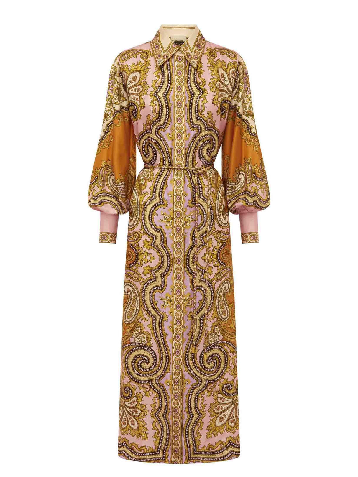 Aurohaya Exquisite Satin Unique Paisley Print Button Maxi Dress