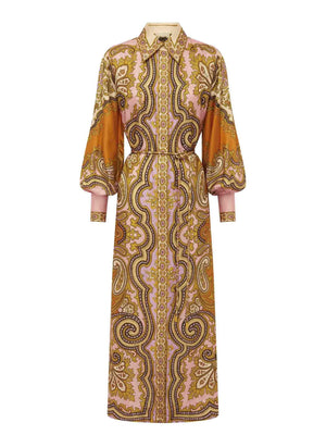 Aurohaya Exquisite Satin Unique Paisley Print Button Maxi Dress