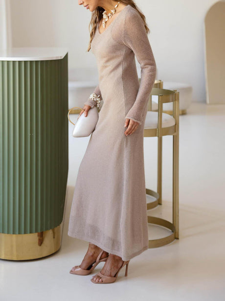 Aurohaya Elegant Sheer Knit V-Neck Long Sleeve Maxi Dress