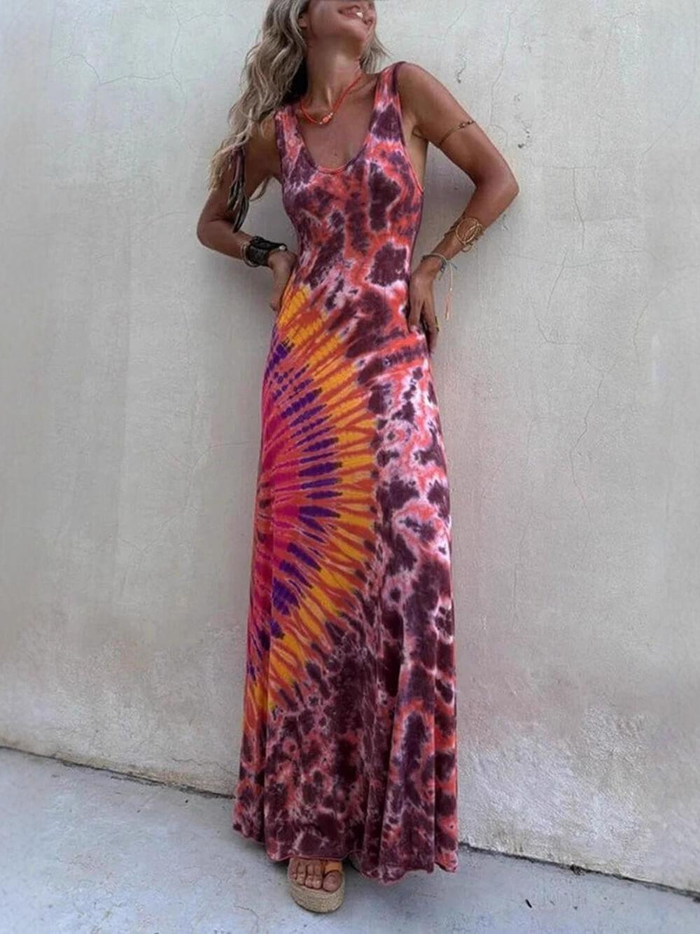 Aurohaya Unique Summer Placement Print Sleeveless Back-Tie Maxi Dress