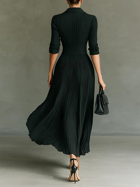 Aurohaya Elegant Pleated Lapel Long-sleeved Maxi Dress