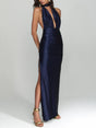 Aurohaya Elegant Halter Neck Satin Backless Maxi Dress Dark Blue