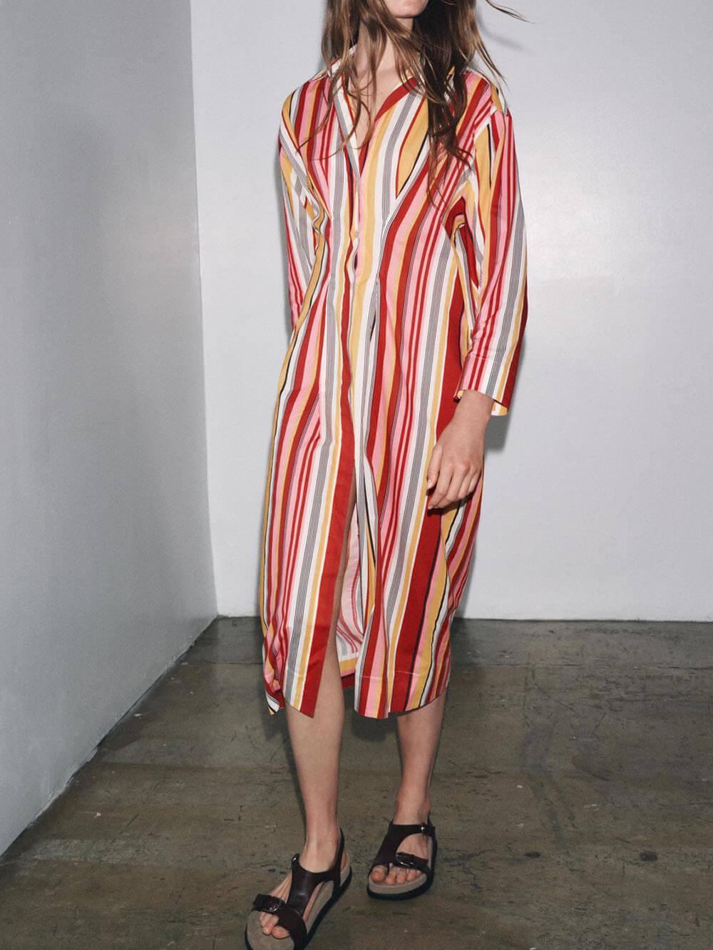 Aurohaya Unique Striped Print Shirt-Style Midi Dress Red