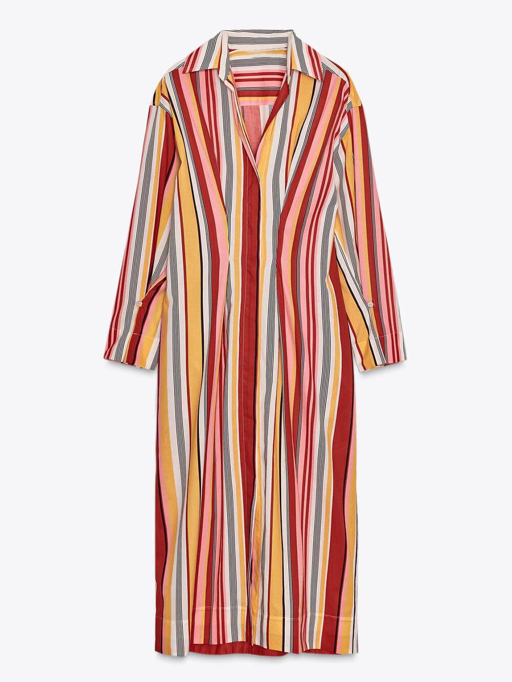 Aurohaya Unique Striped Print Shirt-Style Midi Dress