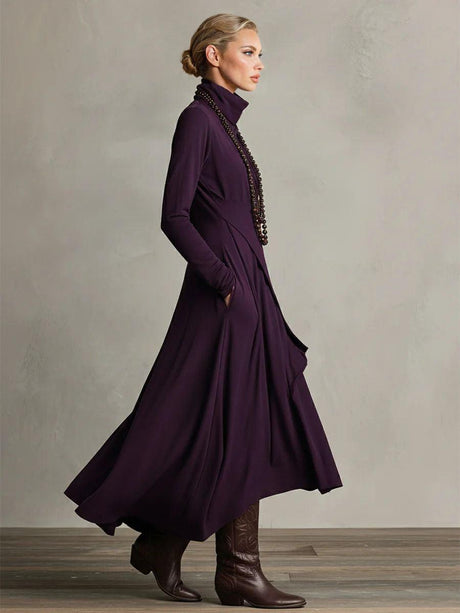 Aurohaya Elegant High-Neck Draped Asymmetrical Maxi Dress