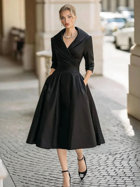 Aurohaya Elegant V-neck Long-sleeved Midi Dress Black