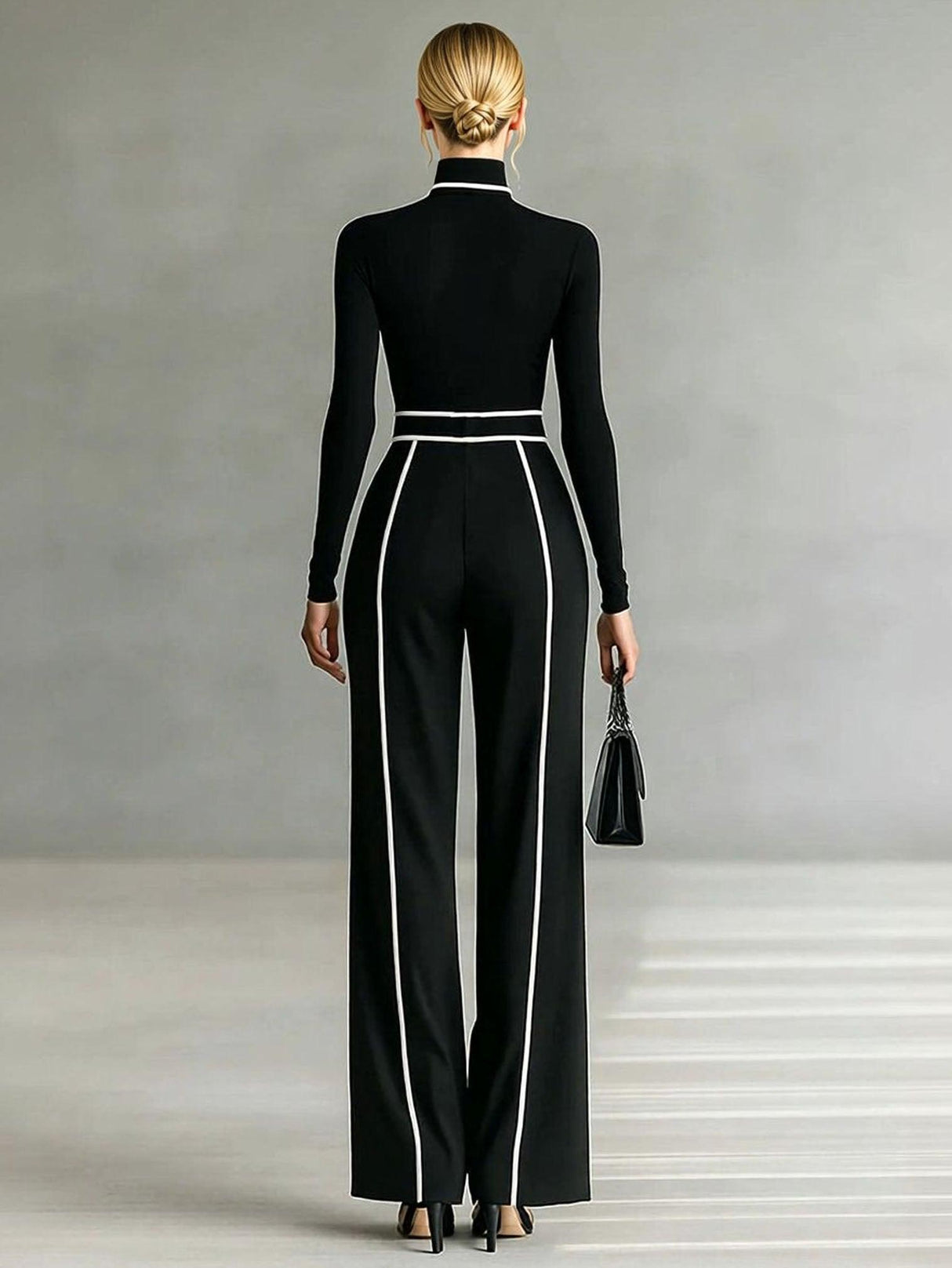 Aurohaya Elegant High Neck Slim Fit Long Sleeve Top Two-Piece Set