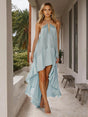 Aurohaya Elegant Unique Tassel Trim Cross-Back Satin Asymmetric Maxi Dress Blue