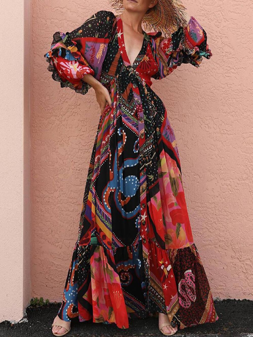 Aurohaya Bohemian Floral Print Patchwork Buckle Flounce V Neck Maxi Dress Red