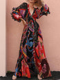 Aurohaya Bohemian Floral Print Patchwork Buckle Flounce V Neck Maxi Dress Red