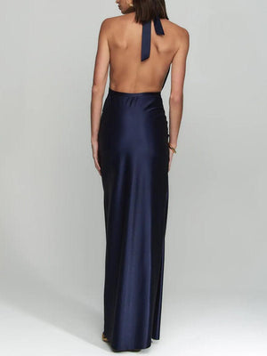 Aurohaya Elegant Halter Neck Satin Backless Maxi Dress