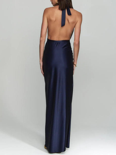 Aurohaya Elegant Halter Neck Satin Backless Maxi Dress