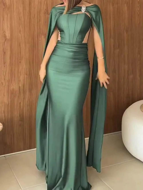 Aurohaya Elegant Strapless Cape Evening Maxi Dress