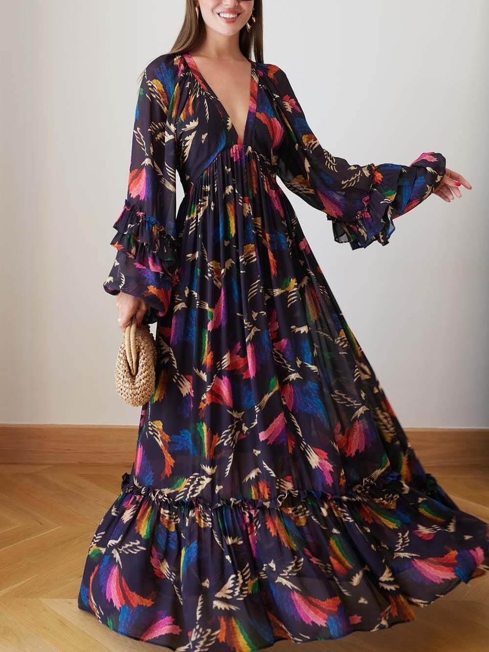 Aurohaya Delicately Patterned V-Neck Ruffle Sleeve Details Maxi Dress