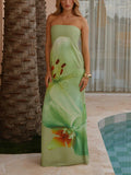 Elegant Satin Unique Floral Print Off Shoulder Maxi Dress