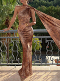Sexy Leopard Print High Neck Cape Maxi Dress