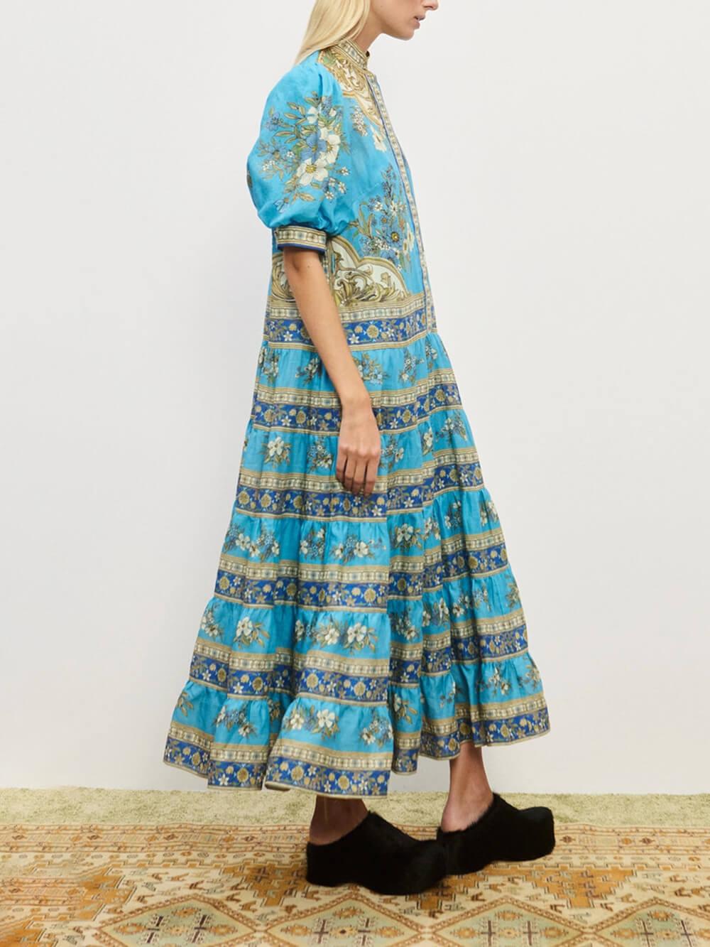 Aurohaya Unique Floral Print Puff Sleeve Tiered Shirt Maxi Dress