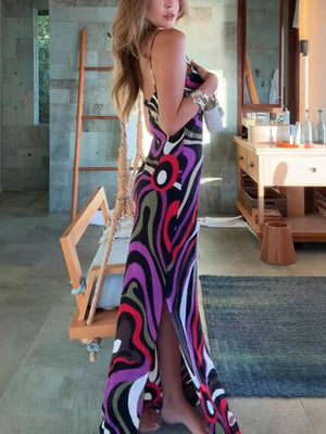 Aurohaya Retro Printed Satin Backless Maxi Dress