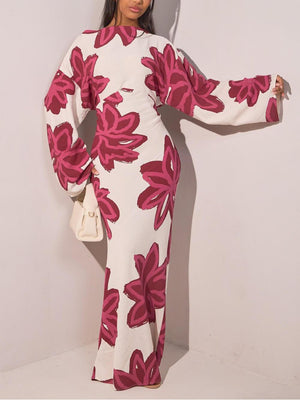 Aurohaya Elegant Floral Print Waist-Defined Maxi Dress
