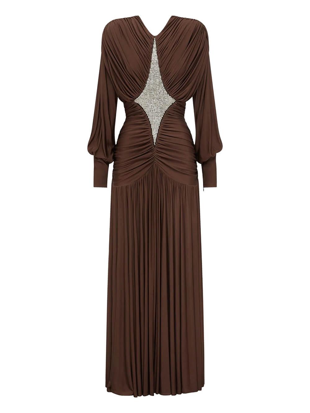 Aurohaya Elegant Sequin Panel Ruched Lantern-Sleeve Bodycon Maxi Dress
