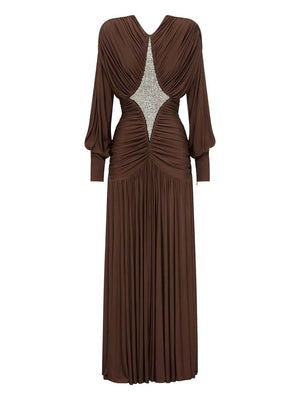 Aurohaya Elegant Sequin Panel Ruched Lantern-Sleeve Bodycon Maxi Dress