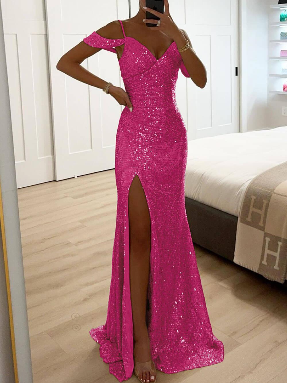 Aurohaya Elegant V-Neck Sequin Side-Slit Sleeveless Gown Maxi Dress Rose Red