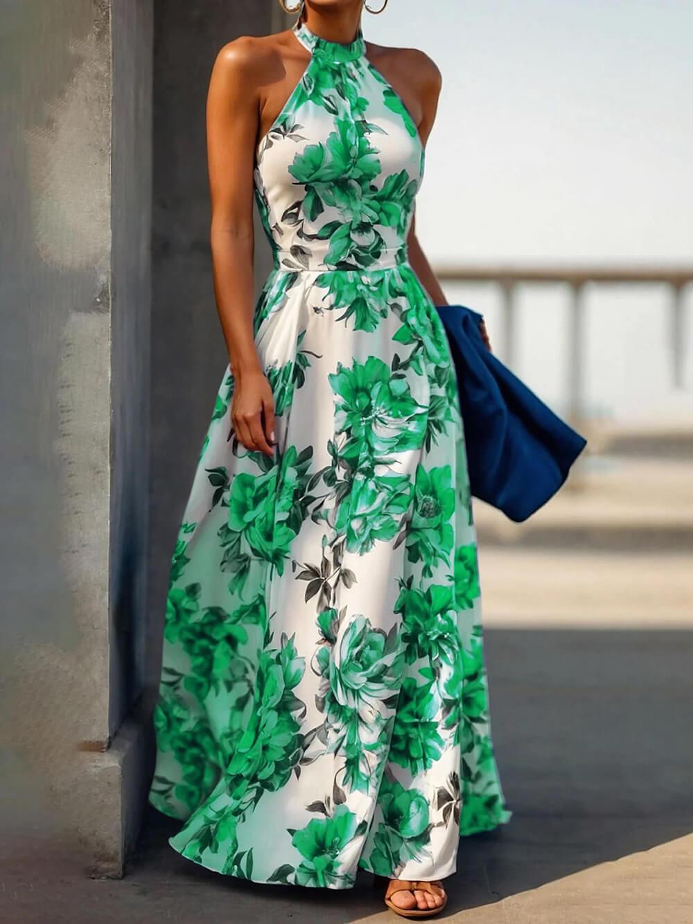 Aurohaya Elegant Floral Print Halter Neck Holiday Style Slim Maxi Dress Green