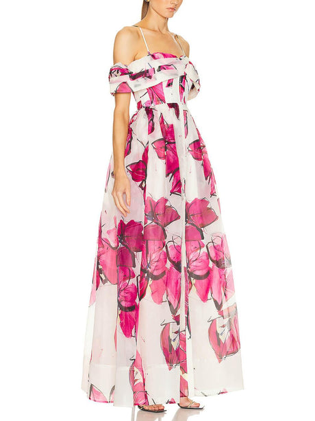 Aurohaya Delicate Playful Floral Print Cinched Waist Maxi Dress