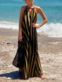 Aurohaya Summer Casual Contrast Stripe Print Lace-Up Holiday Maxi Dress Yellow