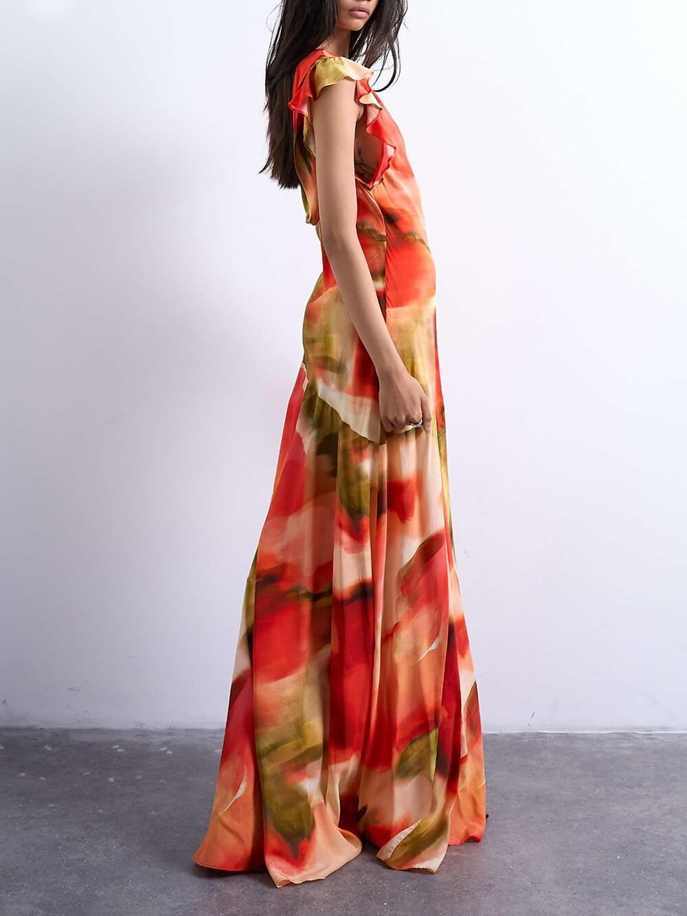 Aurohaya Unique Abstract Floral Print Draped Back Flowing Sleeves Maxi Dress