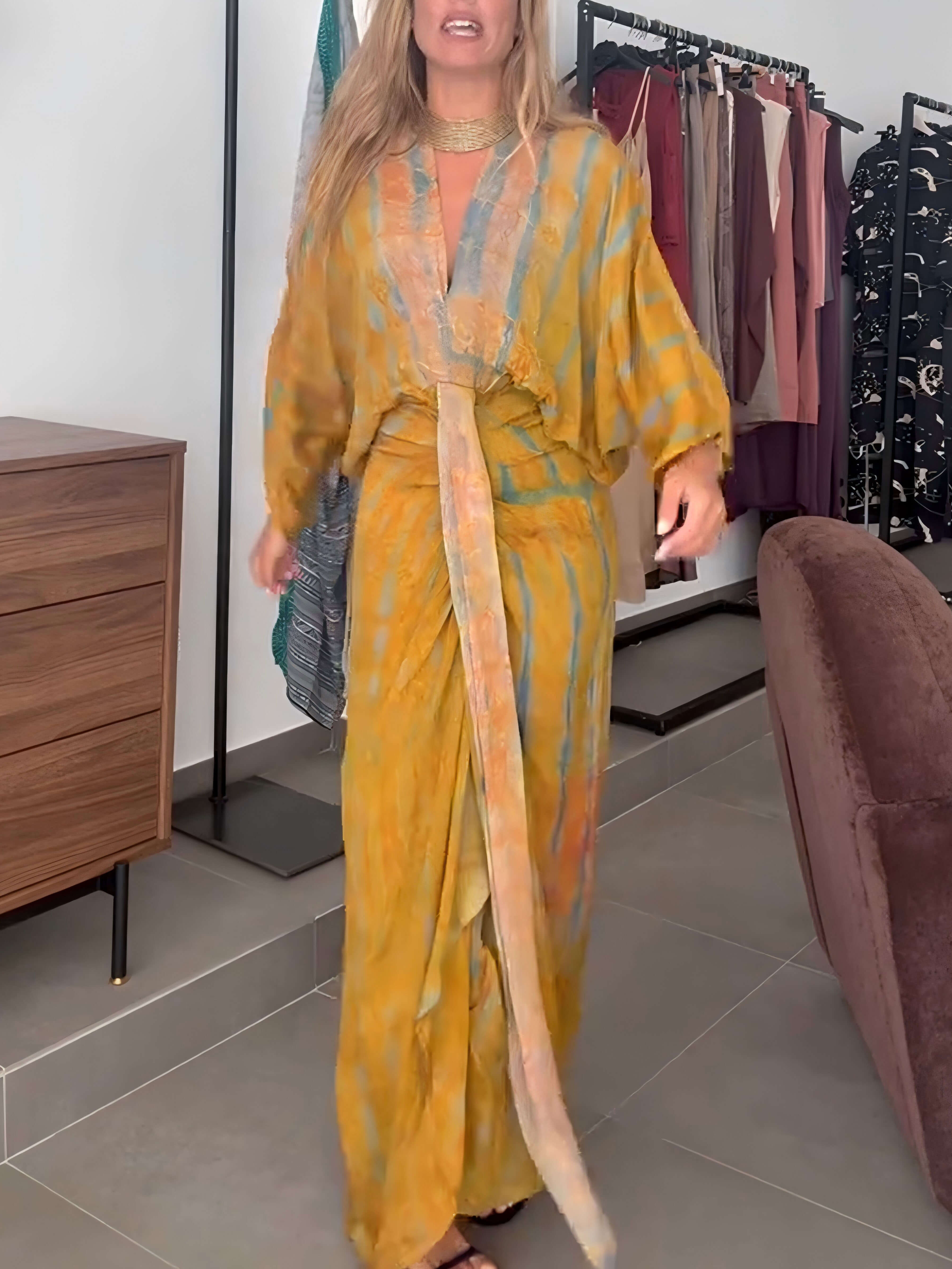 Casual Bohemian Kimono-Inspired Tie-Dye Waisted Maxi Dress