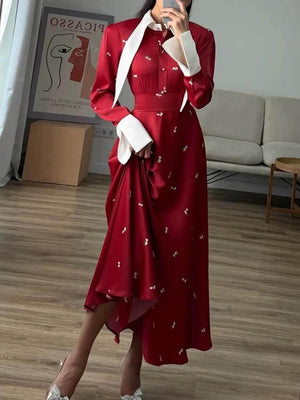 Aurohaya Elegant Patchwork Print Satin Dress Red