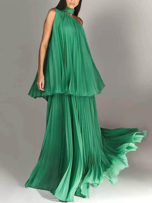 Aurohaya Elegant Ruched Off-Shoulder Layered Party Maxi Dress Green