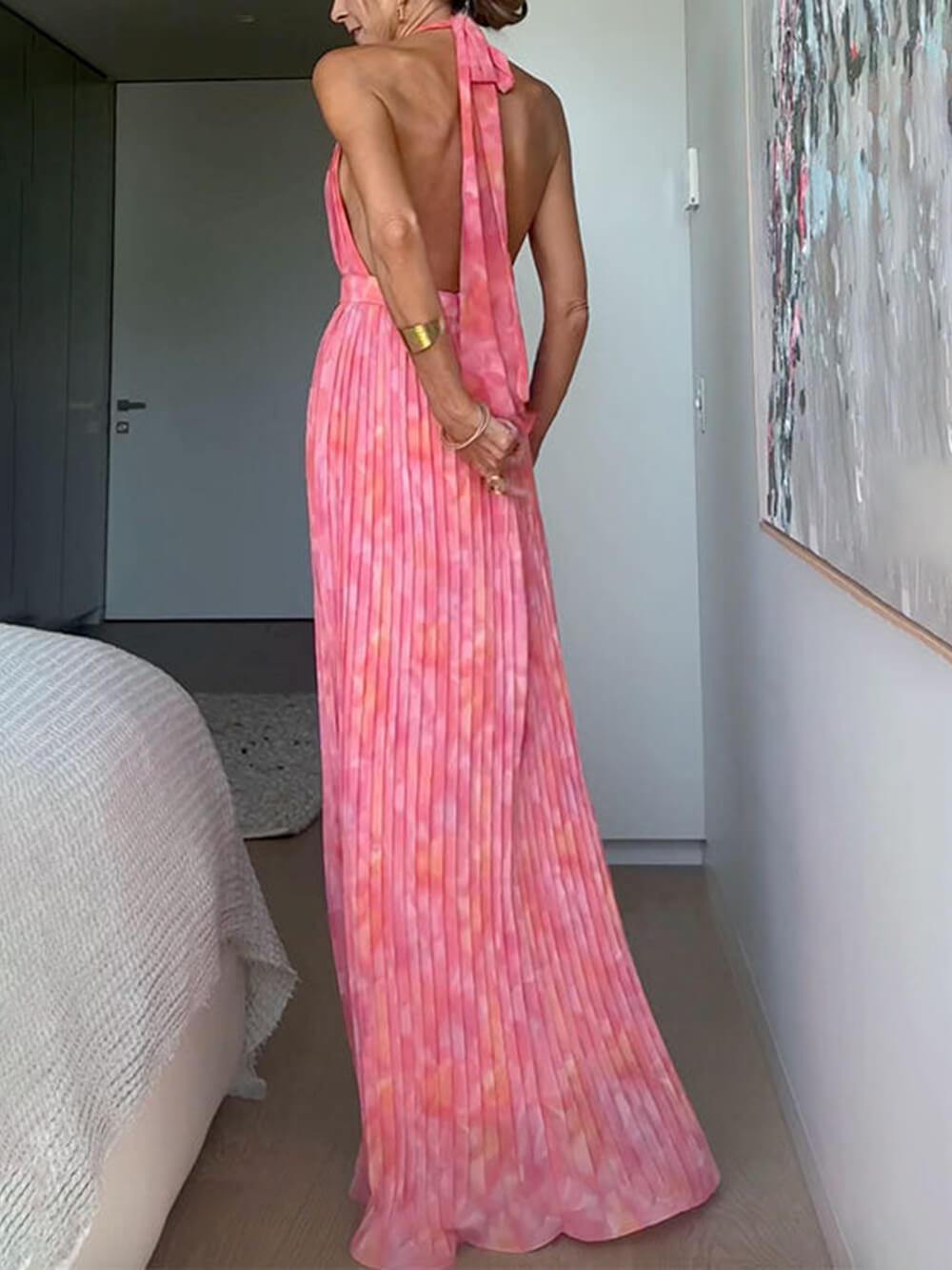 Aurohaya Elegant Halter V Neck Open Back Print Pleated Maxi Dress