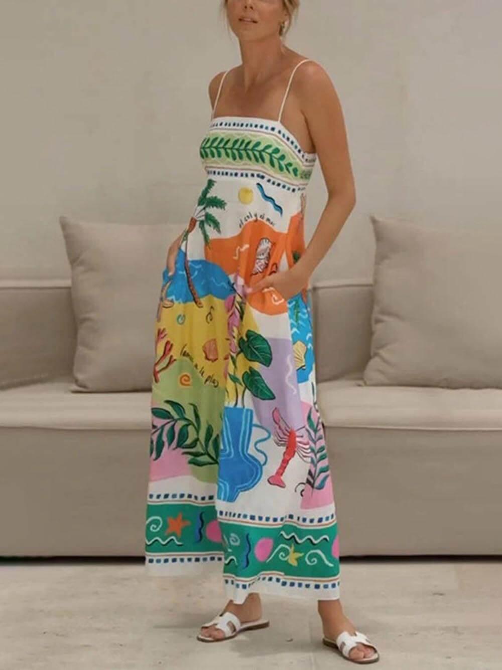 Aurohaya Unique Printed Strapless Sleeveless Resort Style Midi Dress