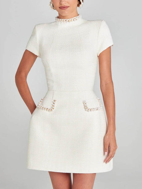 Aurohaya Exquisite And Playful Pearl Trim Pocket Mini Dress White