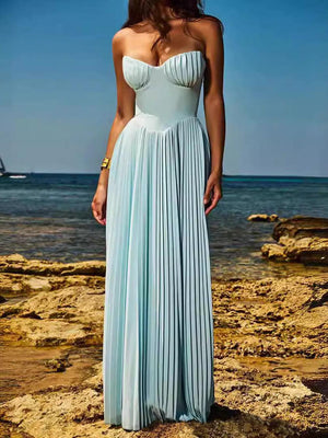 Aurohaya Elegant Pleated Strapless Maxi Dress Blue