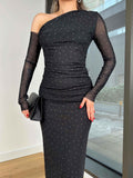 Elegant One-shoulder Rhinestone Mesh Midi Dress