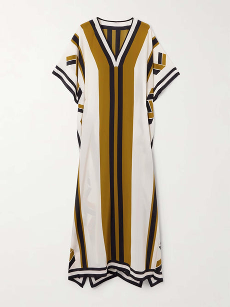 Aurohaya Exquisite Striped Print Belted Maxi Dress