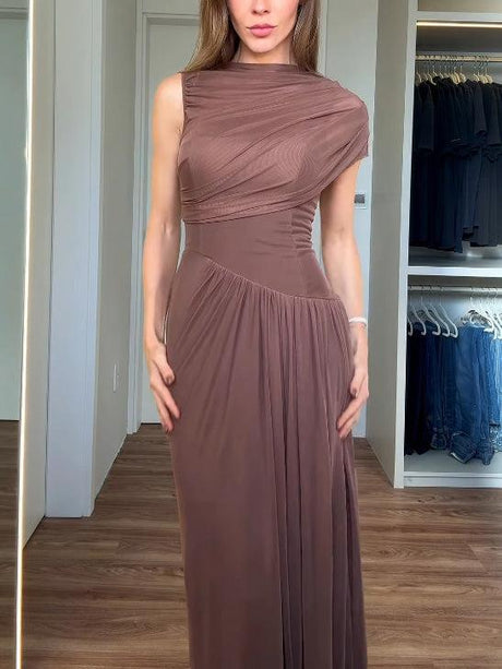 Aurohaya Elegant Asymmetrical Pleated Mesh Short-sleeved Maxi Dress