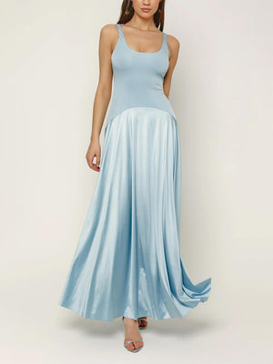 Aurohaya Elegant Curved Waist Spliced Satin Party Maxi Dress Blue